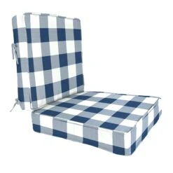 2-Piece Navy Blue Buffalo Plaid Outdoor Gusseted Deep Seat Cushion Set