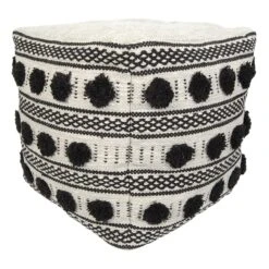 Black & White Fringed Outdoor Pouf, 18"