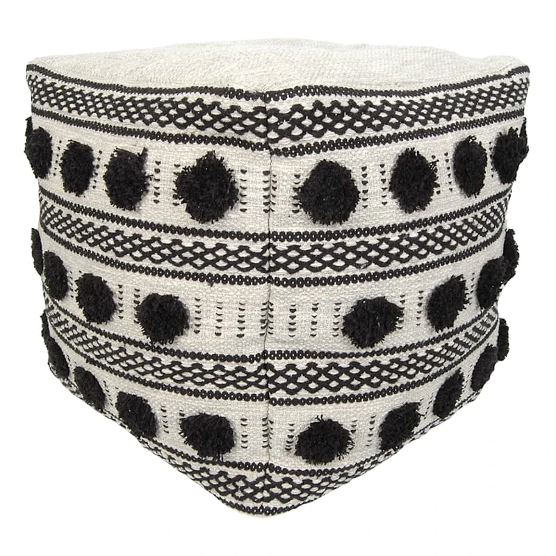 Black & White Fringed Outdoor Pouf, 18"