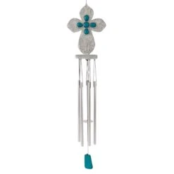 Blue Beaded Silver Cross Wind Chime, 21"