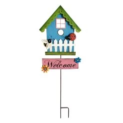 Blue Birdhouse Garden Stake, 35"