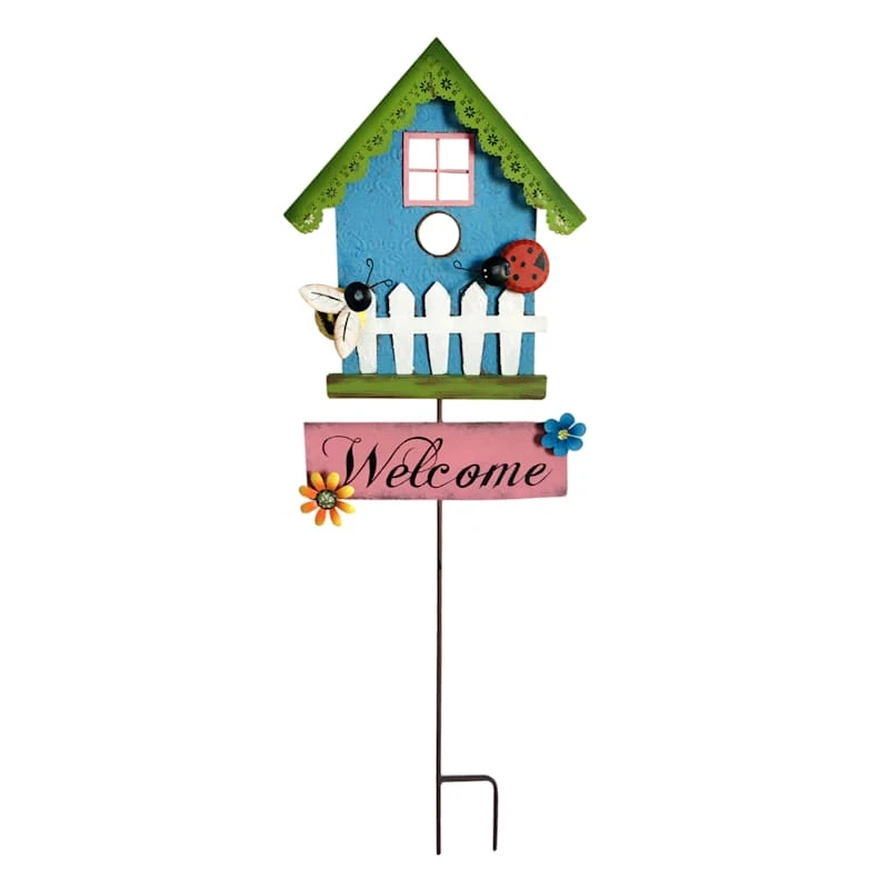 Blue Birdhouse Garden Stake, 35"