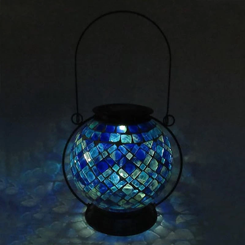 Blue Mosaic Glass Ball Lantern With Metal Handle, 8" - Image 2