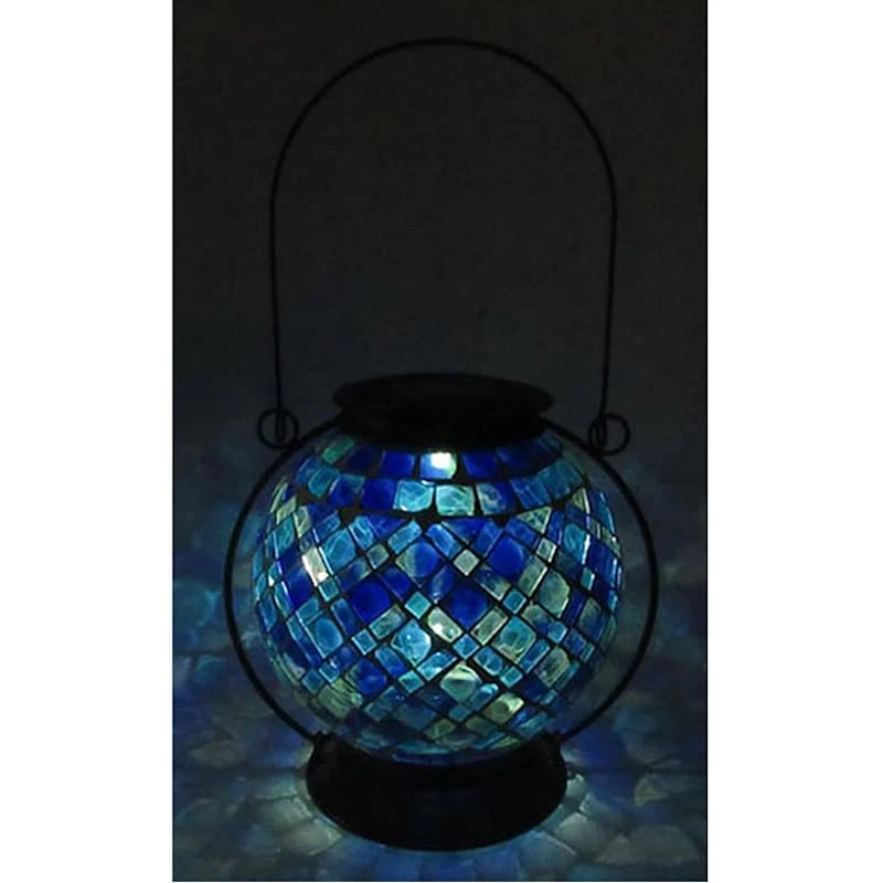 Blue Mosaic Glass Ball Lantern With Metal Handle, 8" - Image 3