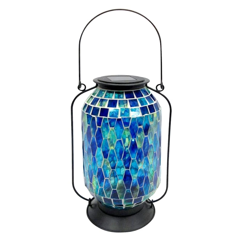 Blue Mosaic Glass Solar Lantern, 11"
