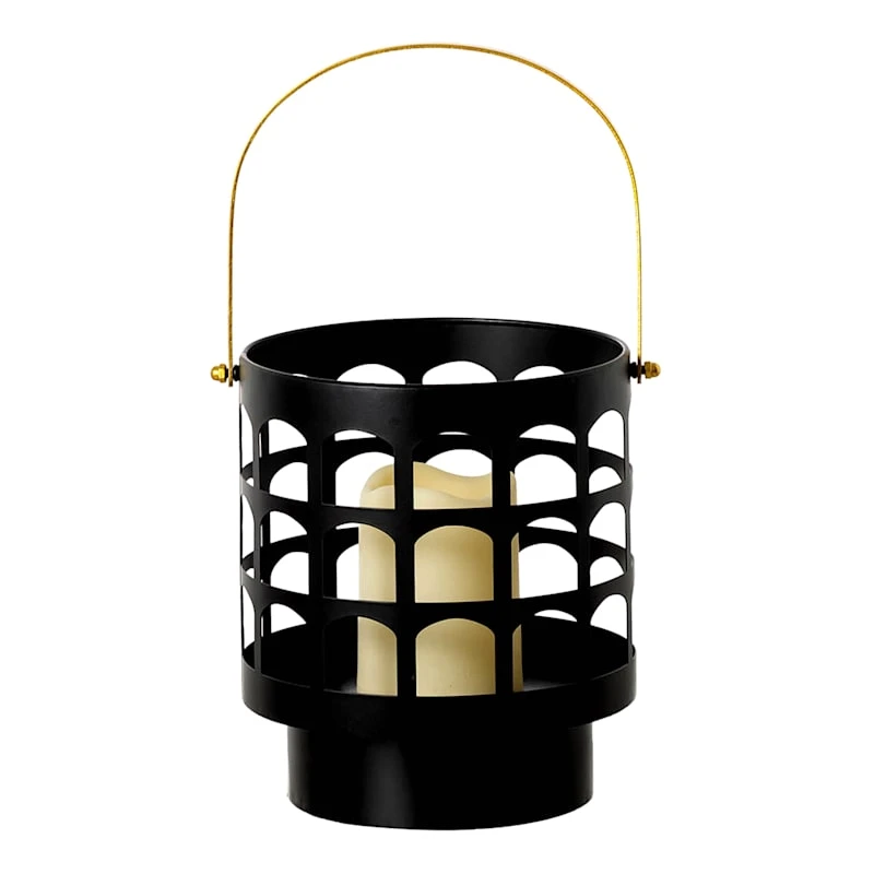 Caged Metal Lantern With Gold Accents, Medium