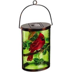 Cardinal Scene Glass Solar Lantern With Metal Handle, 15"
