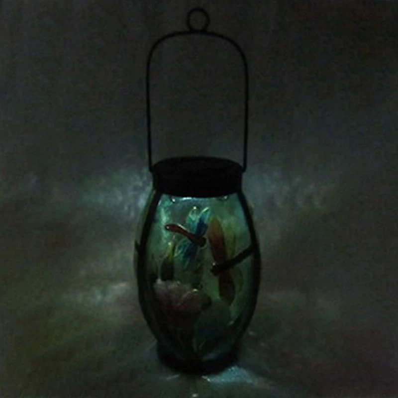 Dragonfly Scene Glass Solar Lantern With Metal Handle, 9.5" - Image 2