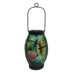 Dragonfly Scene Glass Solar Lantern With Metal Handle, 9.5"