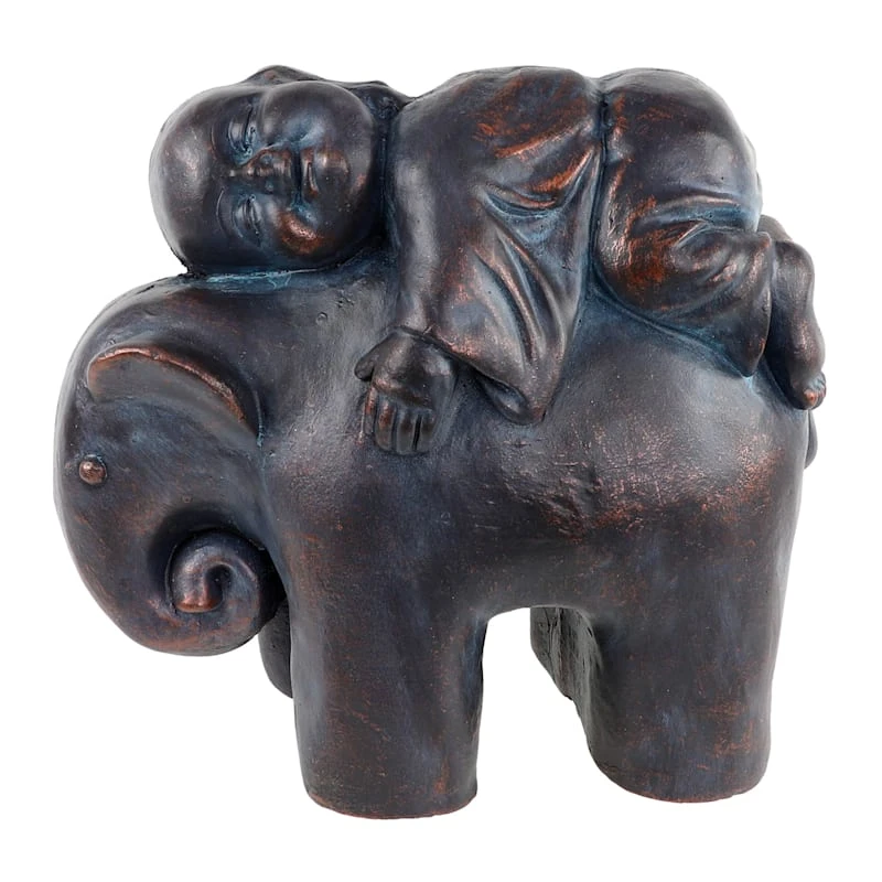 Found & Fable Monk On Elephant Garden Statue, 15"