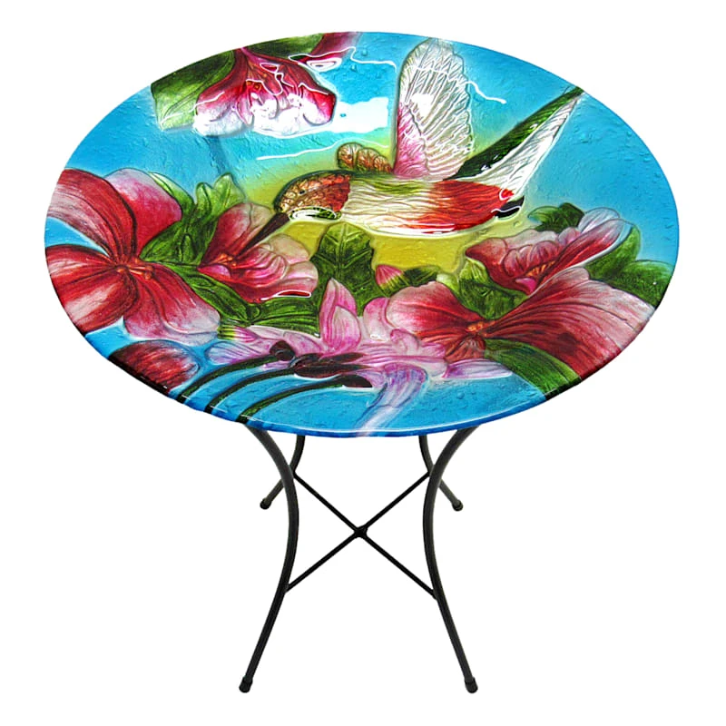 Glass Hummingbird Bird Bath With Stand, 22.8"