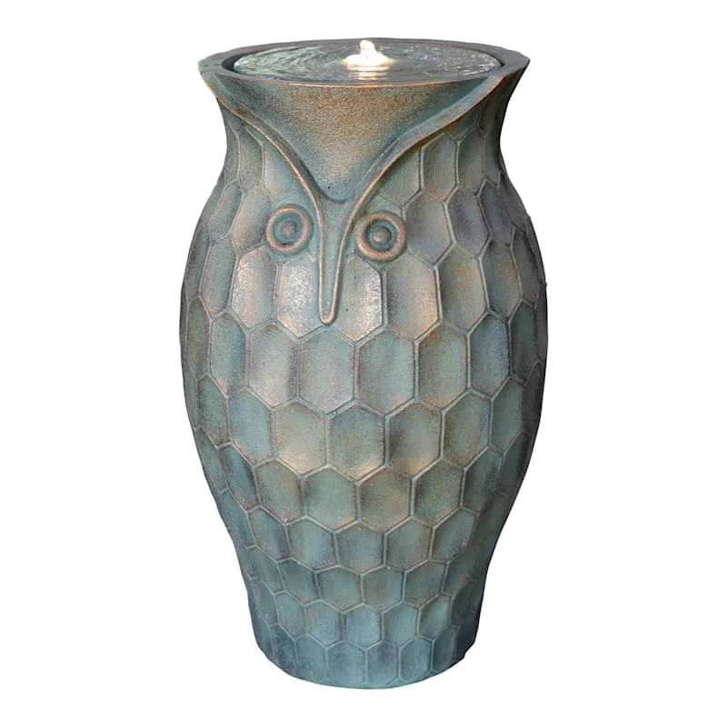 Honeybloom Pre-Lit Patina Owl Fountain, 25.5"