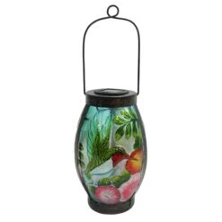 Hummingbird Scene Glass Solar Lantern With Metal Handle, 9.5"