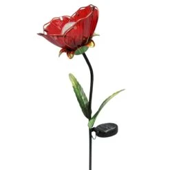Metal Fused-Glass Red Poppy Flower Stake & Solar Panel, 36"