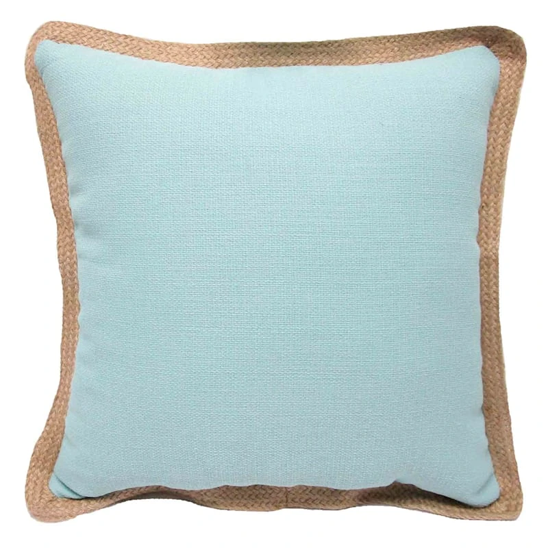 Olinen Light Blue Outdoor Throw Pillow With Jute Trim, 18"