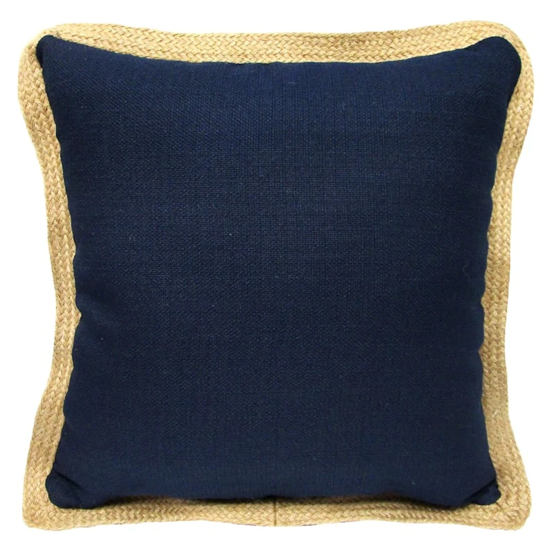 Olinen Navy Blue Outdoor Throw Pillow With Jute Trim, 18"