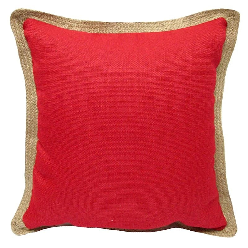 Olinen Red Outdoor Throw Pillow With Jute Trim, 18"