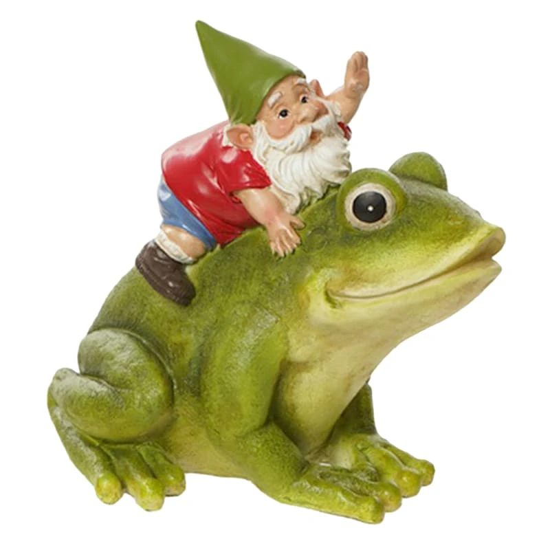 Outdoor Garden Gnome On Frog Figurine, 6"