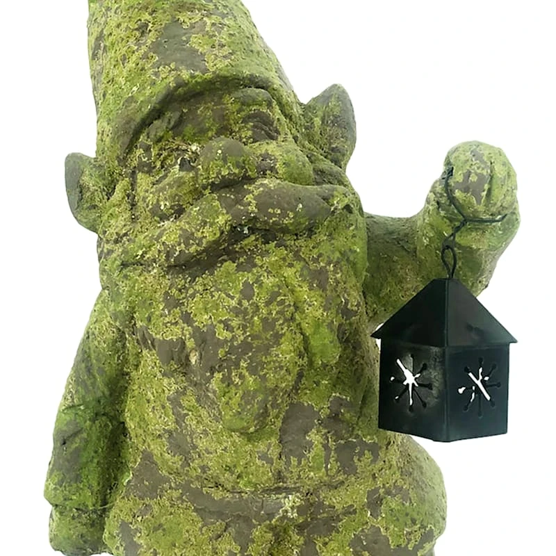 Outdoor Green Moss Gnome With Lantern Figurine, 15" - Image 2