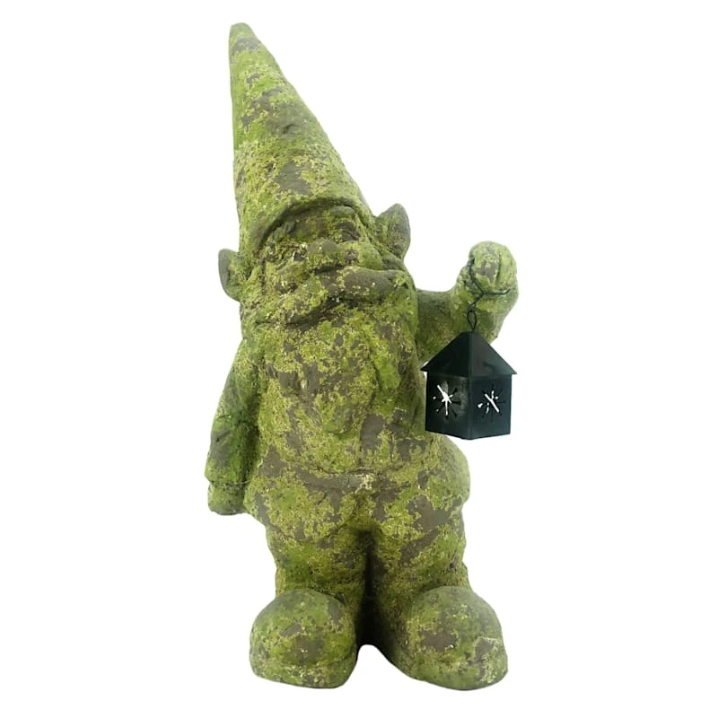 Outdoor Green Moss Gnome With Lantern Figurine, 15"