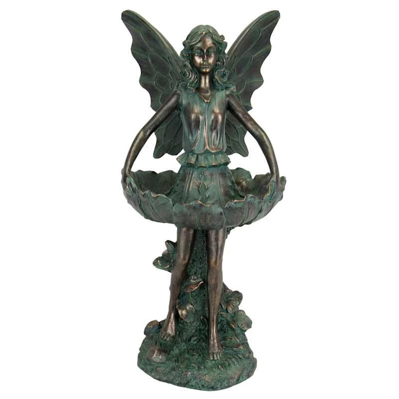 Outdoor Rustic Copper Fairy Birdfeeder Figurine, 20.5"