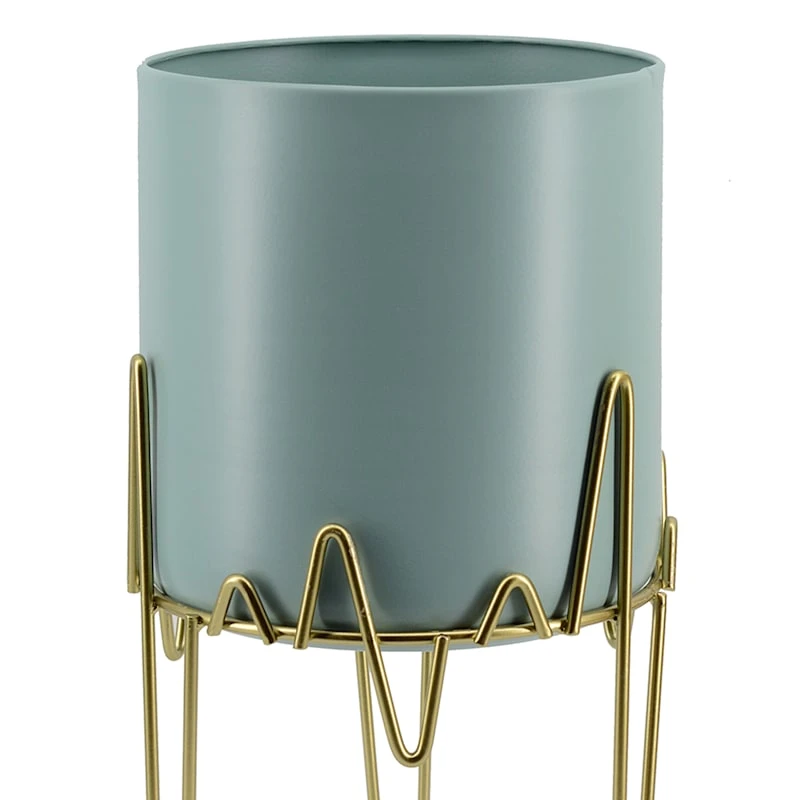 Sand Teal 8" Planter On Gold Metal Deco Plant Stand, 15" - Image 2
