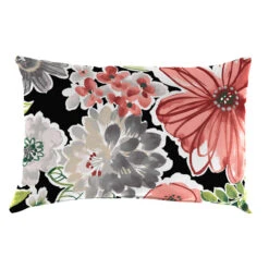 Tamani Raven Black Floral Lumbar Outdoor Throw Pillow, 14x20