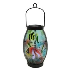 Underwater Scene Glass Solar Lantern With Metal Handle, 9.5"
